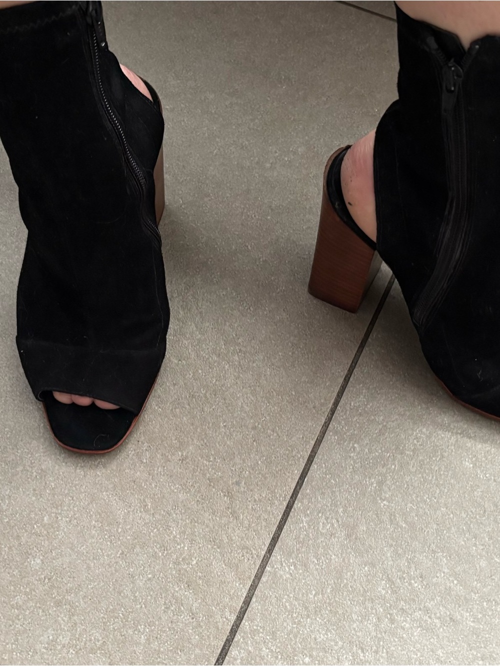 Black Suede Open-Toe Block Heel Booties - Women